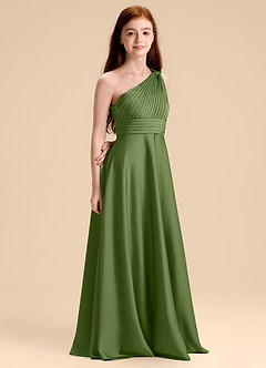 Azazie Charlize Junior Juniper A-Line Pleated Stretch Satin Dress image3