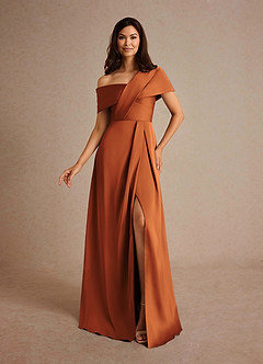 Azazie Milton Mother of the Bride Dresses Cinnamon A-Line Pleated Stretch Satin Dress image1