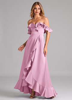 Azazie Lyra Vestidos de damas de honor Vestido Rosa Caramelo de Satén Elástico de Línea A Convertible con Hombros descubiertos image1