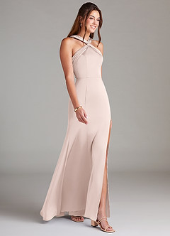 Azazie Rue Bridesmaid Dresses Blushing Pink A-Line Pleated Stretch Satin Dress image4
