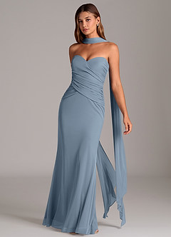 Azazie Katelyn Jurken voor bruidsmeisjes Converteerbaar Jurk van Mesh met Kolom Strapless Stoffig Blauw image3