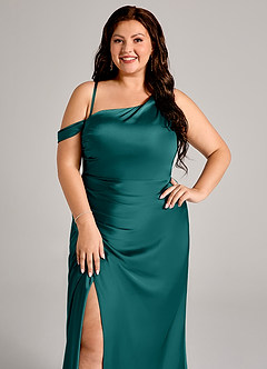 Azazie Madelyn Bridesmaid Dresses Peacock Mermaid One Shoulder Stretch Satin Convertible Dress image11