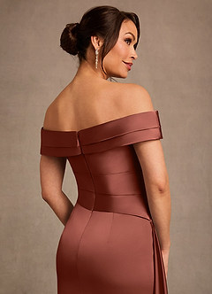 Azazie Beah Mother of the Bride Dresses Auburn Sheath Off the Shoulder Stretch Satin Dress image5