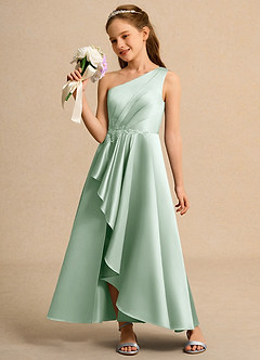 Azazie Taffy Girls Formal Robe Demoiselle D'honneur Fillette Robe Trapèze en Mat Satiné Dentelle Agave image3