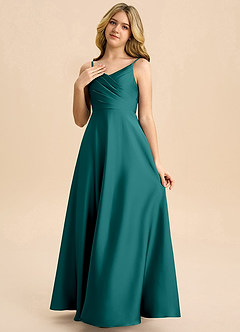 Azazie Bug Junior Peacock A-Line Pleated Stretch Satin Dress image3