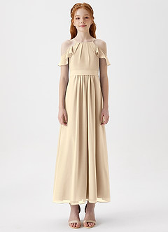 Azazie Chaya Junior Champagne A-Line Off the Shoulder Chiffon Dress image3