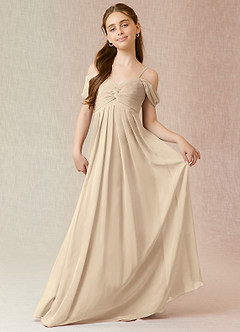 Azazie Kaitlynn Junior Champagne A-Line Off the Shoulder Chiffon Dress image4