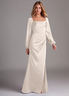 Azazie Charissa Brautjungfernkleider Etui Langarm Stretch-Satin Kleid Alabaster Weiß image6