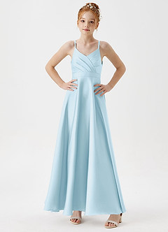 Azazie Avelina Junior A-Linie Plissee Stretch-Satin Kleid Himmelblau image3