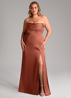 Azazie Saige Bridesmaid Dresses Clay Sheath Off the Shoulder Stretch Satin Dress image10