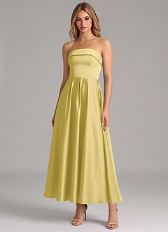 Azazie Lucienne Bridesmaid Dresses Canary A-Line Pleated Stretch Satin Dress image1