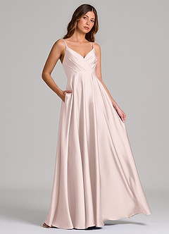 Azazie Amani 신부 들러리 드레스 A라인 주름진 스트레치 새틴 바닥 길이 드레스 image4