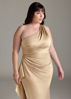 Azazie Latrice Bridesmaid Dresses Champagne Sheath One Shoulder Cascading Ruffles Stretch Satin Dress image11