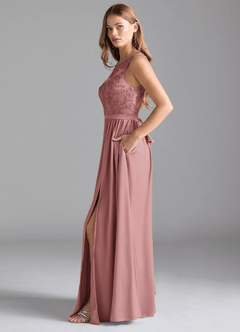 Azazie Elly Bridesmaid Dresses Dusty Rose A-Line Lace Stretch Satin Dress image4