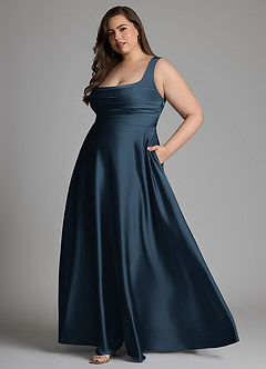 Azazie Azaria Vestidos de madrinha de casamento Vestido Azul Marinho de Cetim elástico de Linha A com Corpete image10