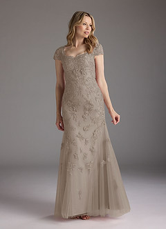 Azazie Marbella Mother of the Bride Dresses Taupe Mermaid Queen Anne Sequins Lace Dress image1