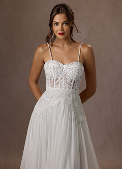 Azazie Rhya Probar vestidos en casa Vestido de Diamante Blanco de Encaje de Corte en A con Vestidos sin tirantes image17