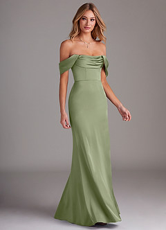 Azazie Saige Bridesmaid Dresses Pistachio Sheath Off the Shoulder Stretch Satin Dress image6