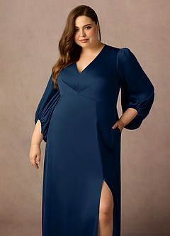 Azazie Luna Mother of the Bride Dresses Dark Navy A-Line Pleated Stretch Satin Dress image5