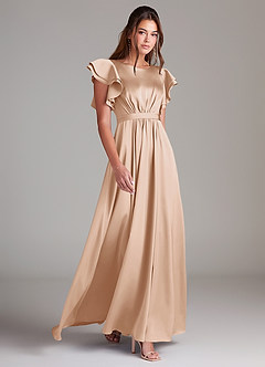 Azazie Daphne Modest Bridesmaid Dresses A-Line Ruched Stretch Satin Floor-Length Dress image3
