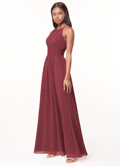 Azazie Bonnie Jurken voor bruidsmeisjes Jurk van Chiffon met A-Lijn Sleutelgat met ruches Merlot image3