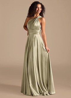 Azazie Charlize Bridesmaid Dresses Moss Green A-Line One Shoulder Metallic Satin Dress image5