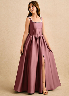 Azazie Enid Girls Formal Blomsterpigekjoler A-Line Perlebesat Stræk satin Gulv-længde Kjole image3