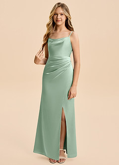Azazie Christen Junior Agave Sheath Pleated Stretch Satin Dress image1