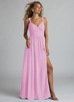 Azazie Aziza Bridesmaid Dresses Candy Pink A-Line V-Neck Pleated Chiffon Dress image1