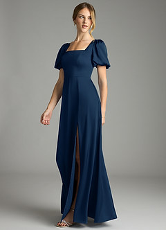 Azazie Fyona Bridesmaid Dresses Dark Navy A-Line Pleated Stretch Satin Dress image4