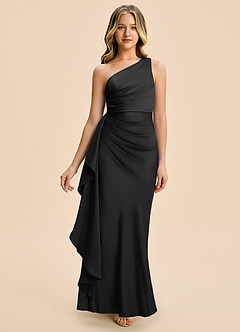 Azazie Holly Junior Black Sheath Pleated Stretch Satin Dress image4