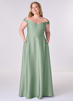 Barbie ♥ Azazie Jurken voor bruidsmeisjes Converteerbaar Jurk van Stretch Satijn met A-Lijn Off the Shoulder Agave image6