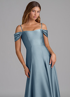 Azazie Seriana At-home Try On Dresses Dusty Blue A-Line Off the Shoulder Stretch Satin Convertible Dress image2