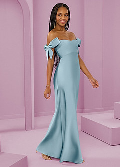 Barbie ♥ Azazie Bridesmaid Dresses Moody Blue Sheath Off the Shoulder Stretch Satin Convertible Dress image1
