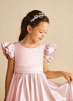 Azazie Piglette Blumenmädchenkleider A-Linie Schleifen Matte Satin Kleid Zartrosa image3