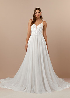 Azazie Arabelle Wedding Dresses Diamond White A-Line V-Neck Lace Tulle Dress image1