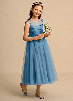 Azazie Snowball Girl Jurken voor bloemenmeisjes Baljurk Jurk van Tule Geplooid Staal Blauw image6