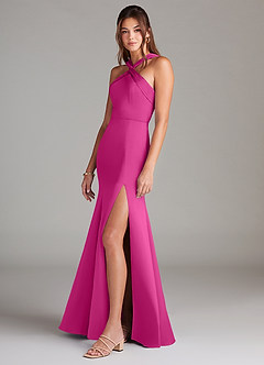 Azazie Rue Bridesmaid Dresses Fuchsia A-Line Pleated Stretch Satin Dress image5