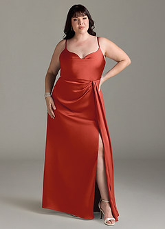 Azazie Brielle Bridesmaid Dresses Rust A-Line Cowl Spaghetti Straps Stretch Satin Dress image6