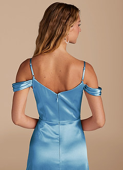 Azazie Ocean Robes de demoiselle d'honneur Robe Trapèze en Satiné métallisé Épaule décolletée Acier Bleuté image5