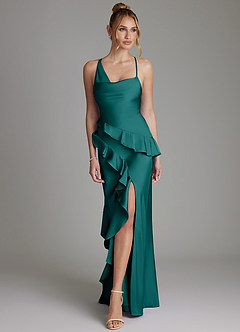 Azazie Jayda Bridesmaid Dresses Peacock A-Line Ruched Stretch Satin Dress image4