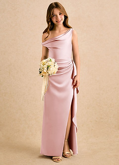 Azazie Avalia Girls Formal Robe Demoiselle D'honneur Fillette Robe Fourreau en Satin extensible Épaule décolletée Rose Pâle image5