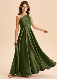 Azazie Charlize Junior Robe Trapèze en Satin extensible Plissée Olive image5