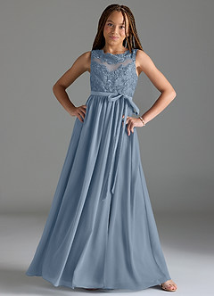 Azazie Elly Junior Dusty Blue A-Line Lace Chiffon Dress image3