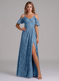 Azazie Dakota Bridesmaid Dresses Steel Blue A-Line Off the Shoulder Floral Burnout Dress image4