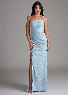 Azazie Eren Vestidos de damas de honor Vestido de Azul Cielo de Devorado Floral de Corte Recto con Hombro unilateral image1