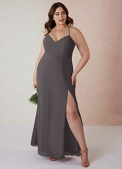 Azazie Manila Vestidos de damas de honor Vestido de Gris Acero de Gasa de Corte Recto con Cuello en V image7