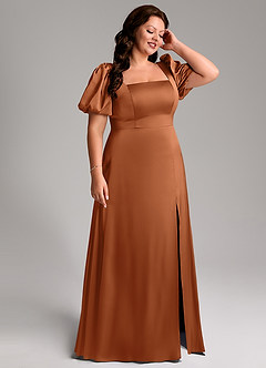 Azazie Fyona Bridesmaid Dresses Copper A-Line Pleated Stretch Satin Dress image13