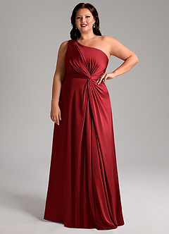 Azazie Brooke Robes de demoiselle d'honneur Robe Trapèze en Satin extensible Une épaule Écarlate image13