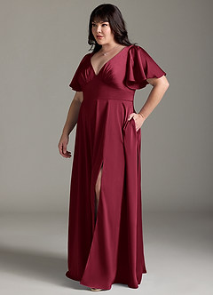 Azazie Kimber Bridesmaid Dresses Burgundy A-Line Ruched Stretch Satin Dress image4